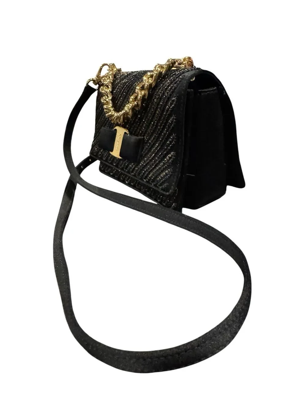 Salvatore Ferragamo Black & Gold Glitter 2way Vara Bow Ginny Crossbody Bag Auth